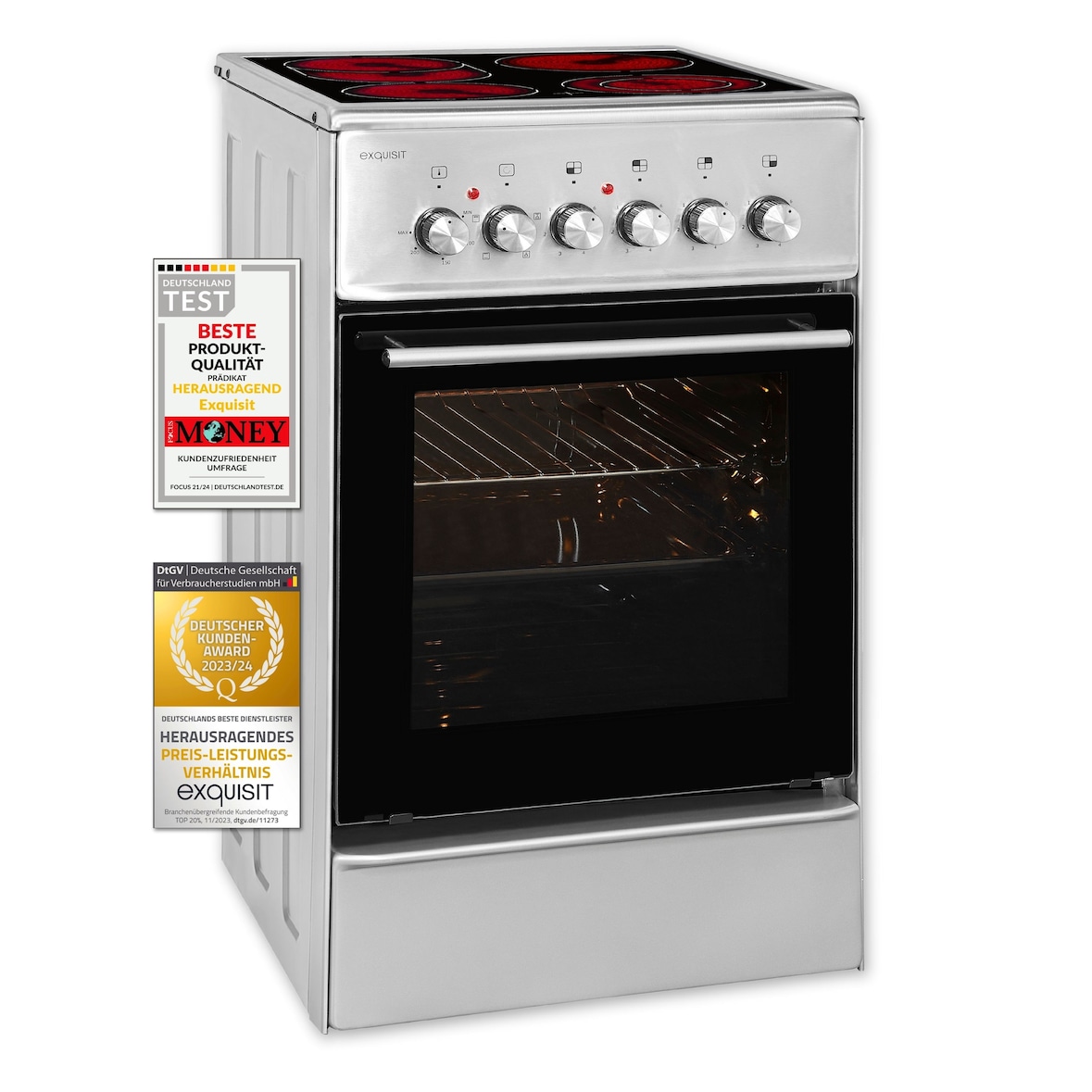 Exquisit Elektro-Standherd ECM 5-4.1 Inox | EEK: A | 46,6 l Garraum | Glaskeramik Kochfeld | Umluft