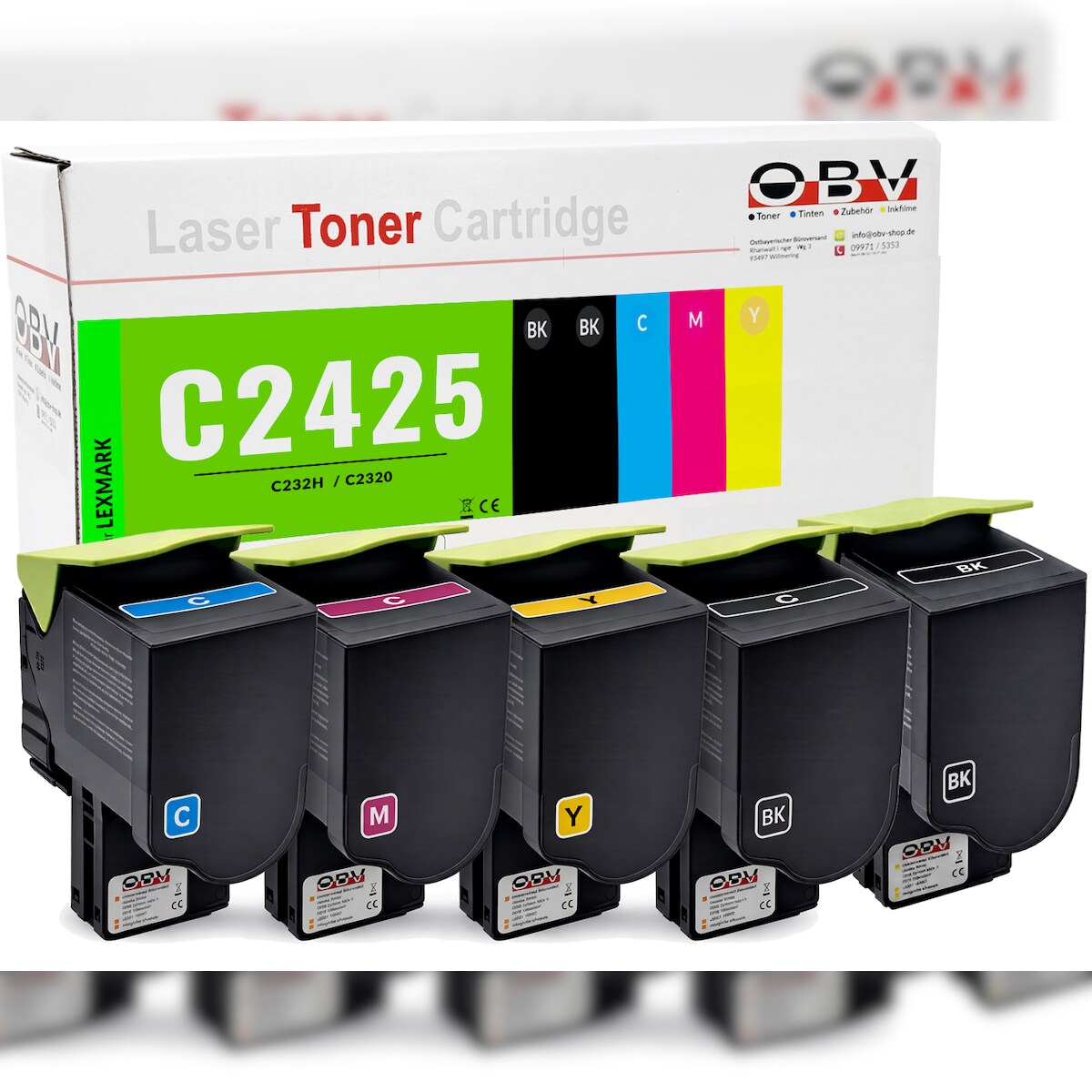 OBV Toner 5er Set kompatibel zu Lexmark C2425dw - Ersetzt C232HK0/HC0/HM0/HY0 - 2x BK je 3.000 / CMY je 2.300 Seiten