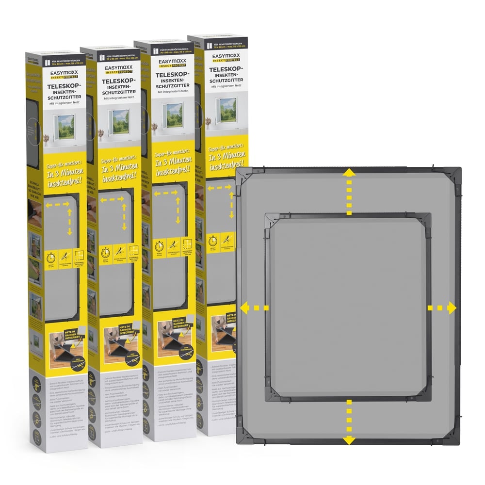 EASYmaxx Insect Protect - Teleskop-Insektenschutzgitter - anthrazit - 4er-Set