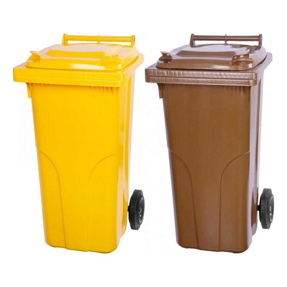 Mega Deal 2x PROREGAL 2-Rad-Mülltonne, 120 Liter, HDPE Kunststoff, Gelb & Braun, Mülltonne, Müllgroßbehälter, Mülleimer, Abfalltonne, Müllbehälter