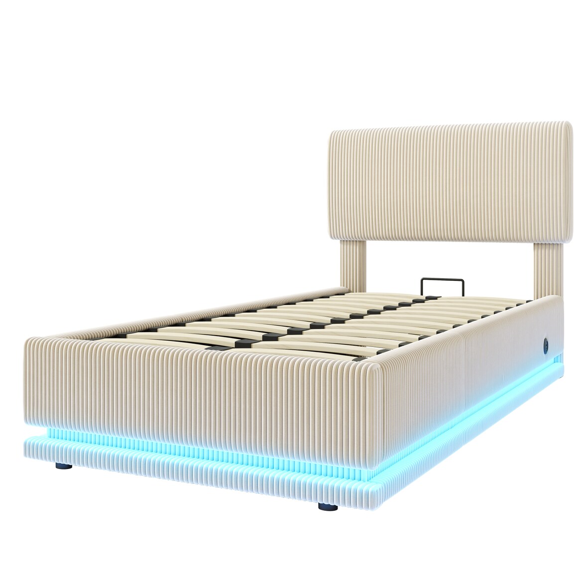 Merax Einzelbett 90x200, Polsterbett mit LED & USB-C, höhenverstellbarem Kopfteil & Unterbett-Stauraum, Cord, Beige