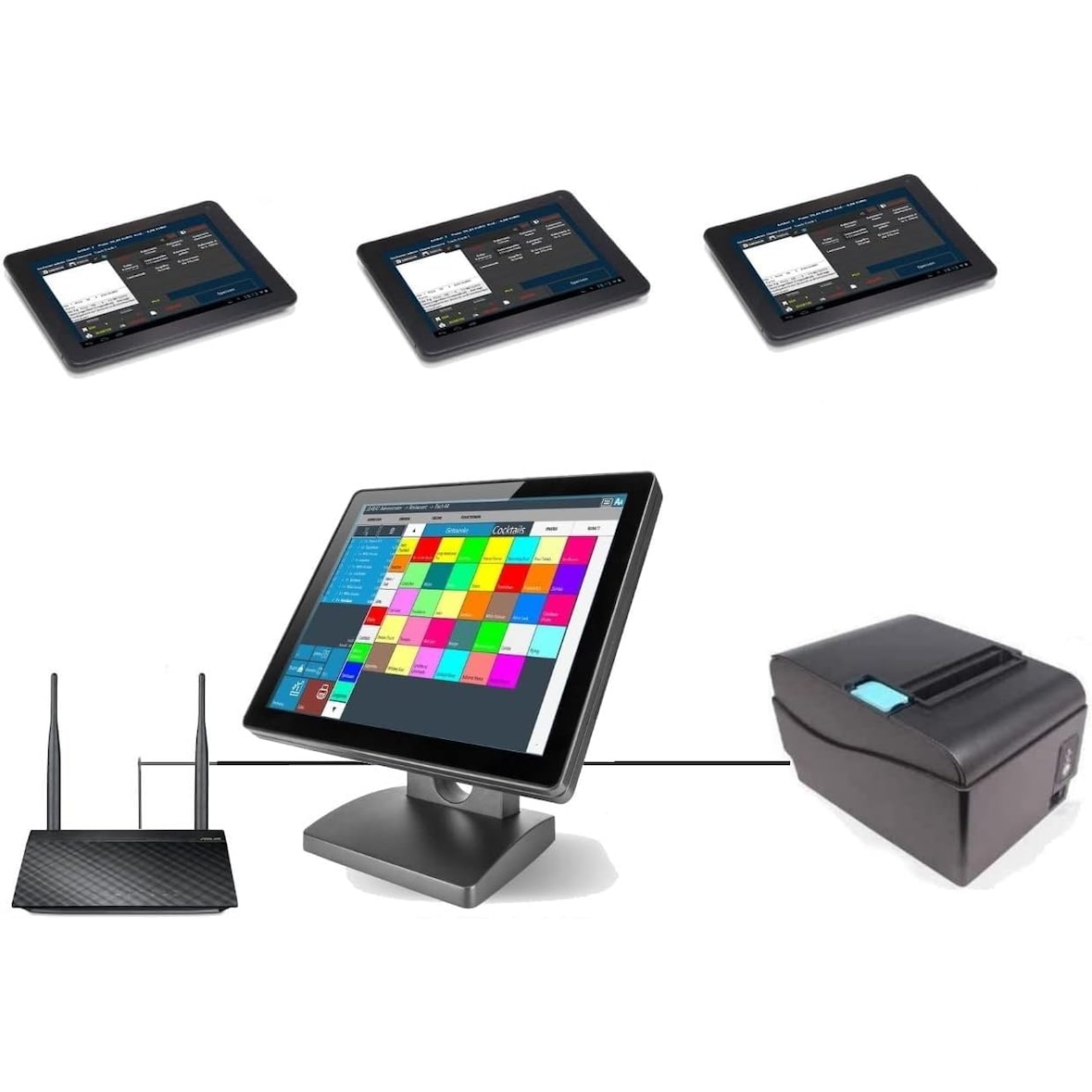 Netzwerk Mobiles Kassensystem für Restaurant: 3 Kellnerterminal, Bondrucker, 15" Hauptkasse