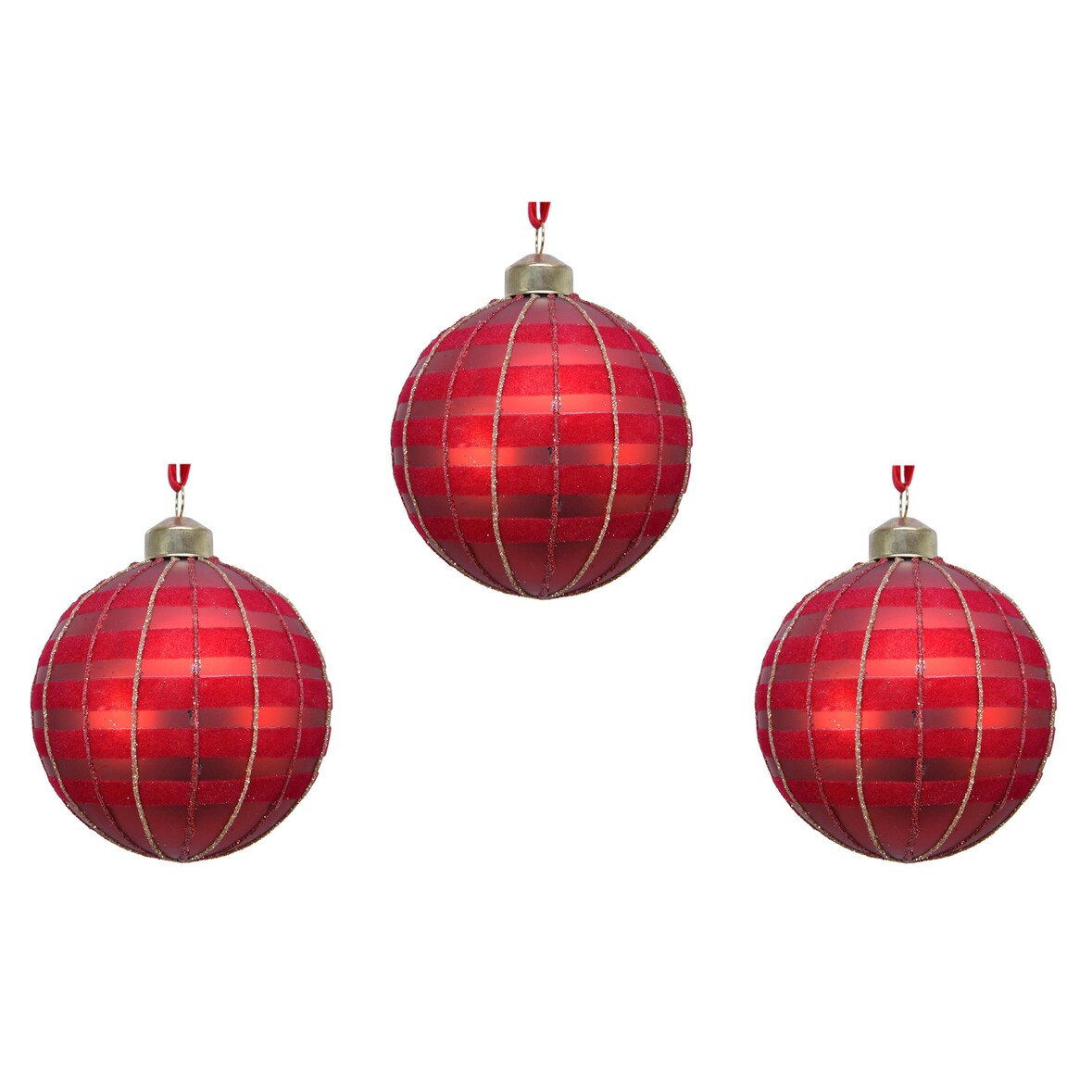 3 Weihnachtskugeln 8cm Glas mit Motiv Glitzer Streifen Christbaumkugeln rot