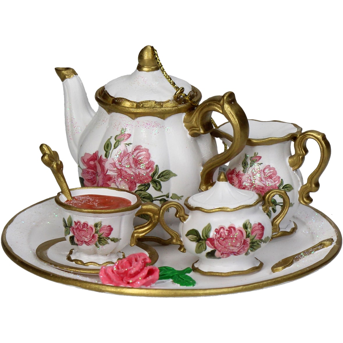 Christbaumschmuck 9cm Keramik Teeservice Figur Handbemalt & mit Glitzer Weihnachtsbaum Anhänger Weihnachten Weihnachtsbaumschmuck Teekanne Weiß Gold