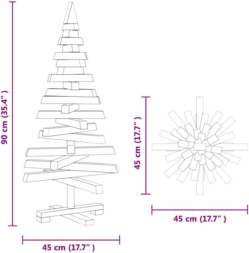 Ein hölzerner Weihnachtsbaum mit Sternaufsatz.
