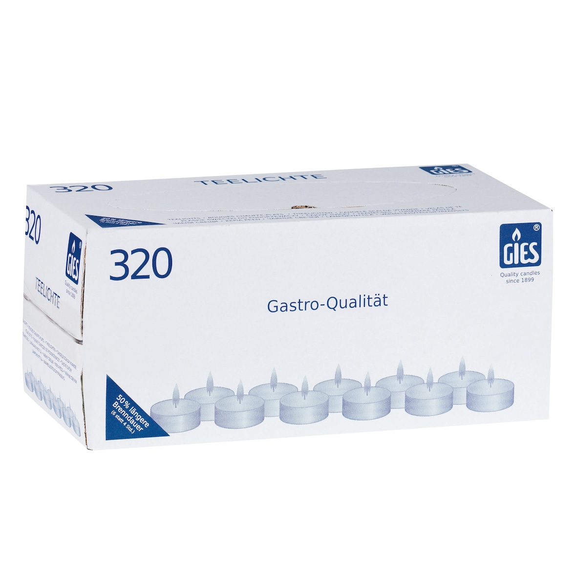 Gies Premium-Lichte, 6 Stunden Brenndauer, Ø 38mm, in Metallhülsen, 320er-Karton weiss