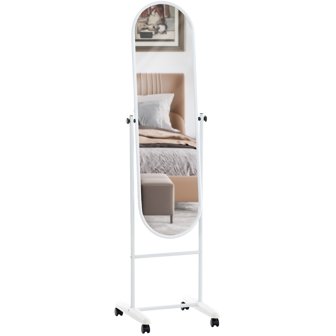Décoshop26 - Ovaler Standspiegel mit Rollen 113 x 33 cm weißes Metall 10_0003724