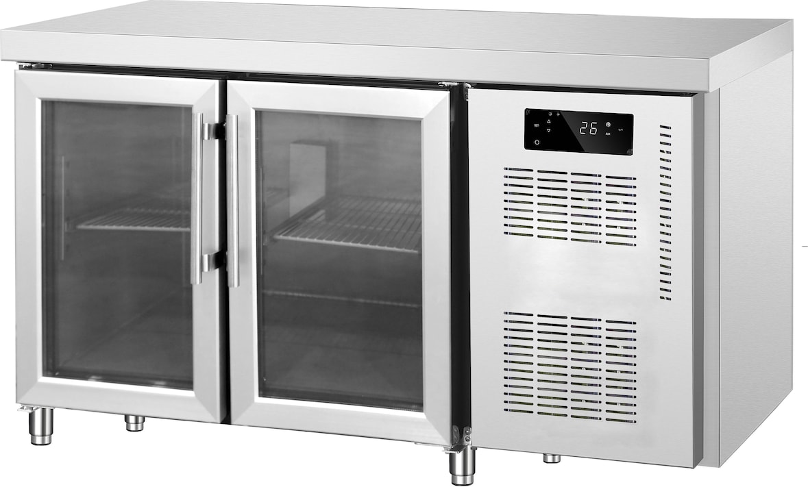 Gekühlter 2-türiger Glaskühltisch, Edelstahl -2 +8 °C 136x70x85h cm tropentauglich