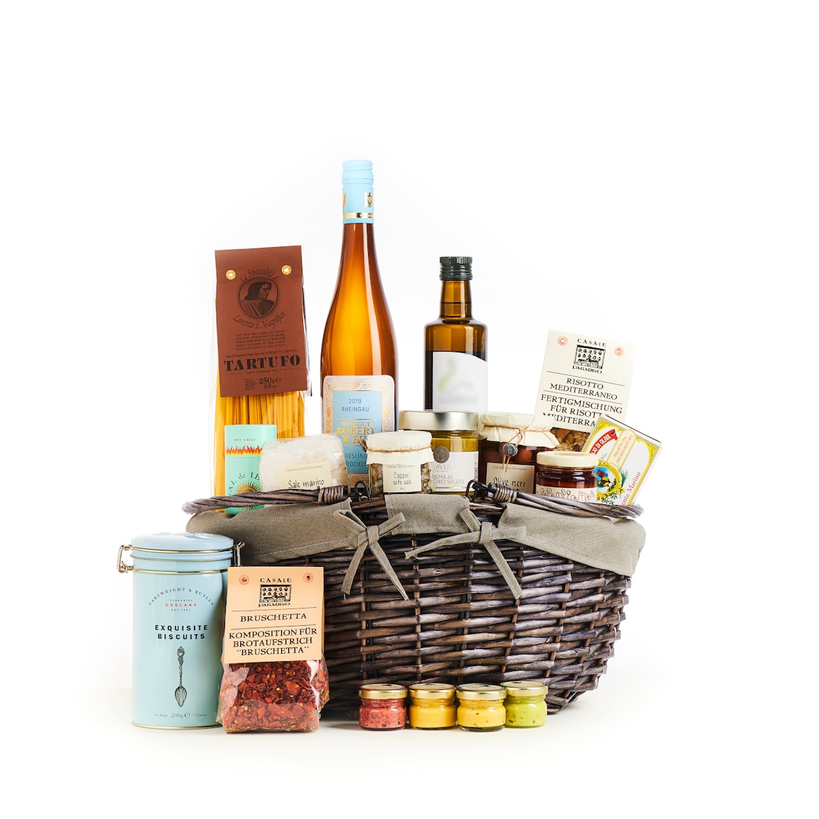 fein und kostbar Geschenkkorb Meeresrauschen, 12-teilig, gefüllt mit mediterranen Spezialitäten