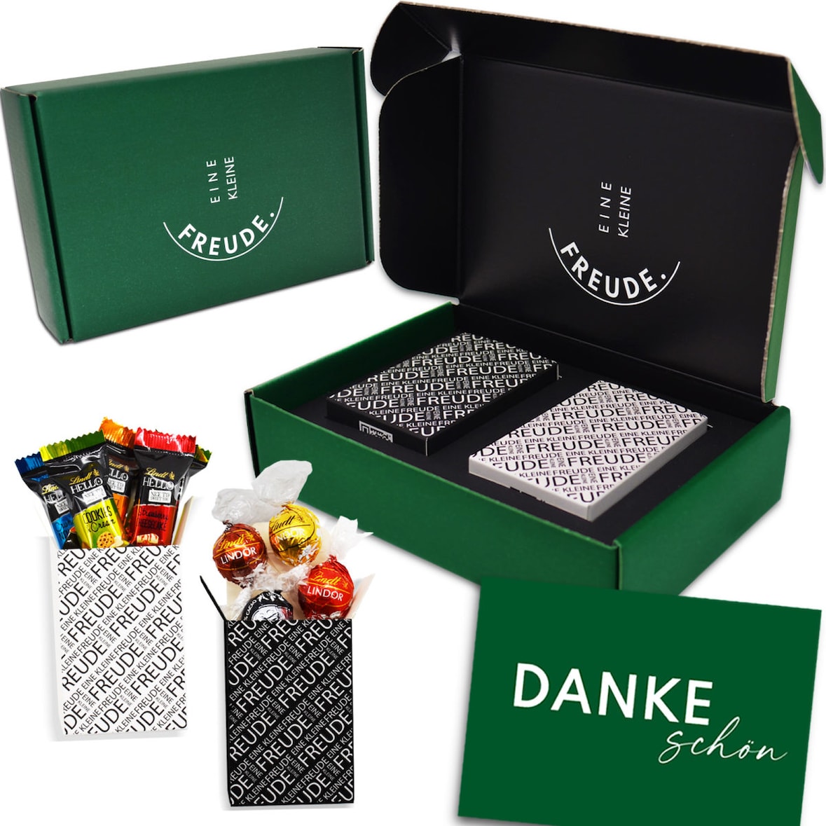 EINE KLEINE FREUDE. Einzigartige „DANKESCHÖN“ Geschenkbox mit feinster Lindt Schokolade, Hello Pralinen & Grußkarte