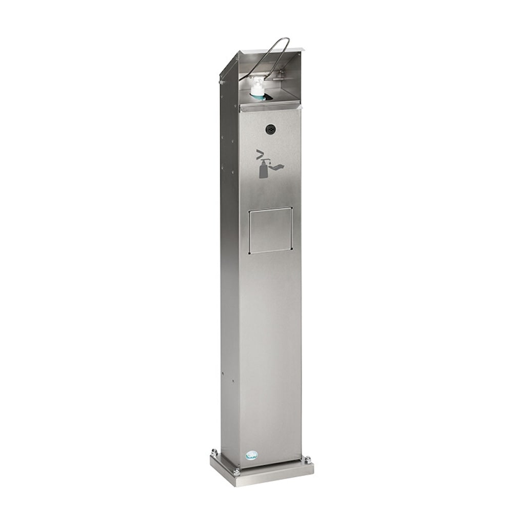 PROREGAL Robuster Handdesinfektionsspender mit Abfallsammler | Bodenmontage | HxBxT 115x33,5x33,5cm | Edelstahl | Silber | Mülleimer Abfalleimer