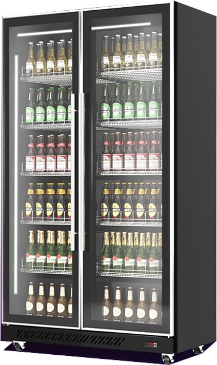 Kühlschrank DAMARA auf Rollen | 2x Glastür + LED | 758 Liter, HxBxT 198x110x60cm | 0/+10°C | Schwarz | + CHEFGASTRO Geschirrtuch