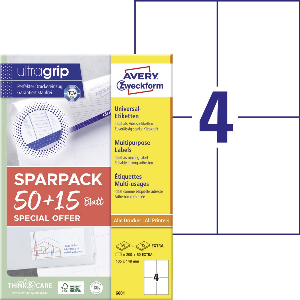 Avery Zweckform 6601 Universal-Etiketten, A4 mit ultragrip, 105 x 148 mm, 65 Bogen/260 Etiketten, weiß