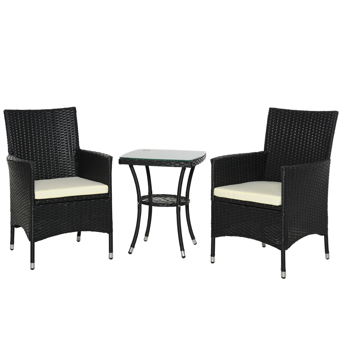 Conjunto de Muebles de Exterior de Ratán 1 Mesa 2 Sillas Estructura Metal Negro