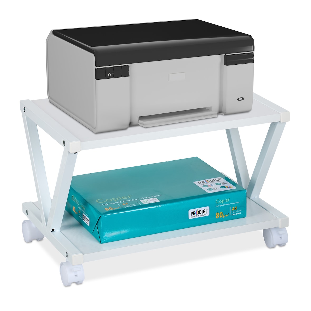 Relaxdays Druckerständer, 2 Ebenen, Rollwagen für Drucker, H x B x T: 28 x 44 x 28,5 cm, mit Rollen, Druckertisch, weiß
