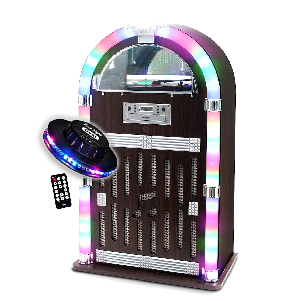 Chaîne Hifi Jukebox Retro 60W avec tourne disque vinyle Bluetooth, CD, FM + télécommande, Jeu de lumière OVNI LED
