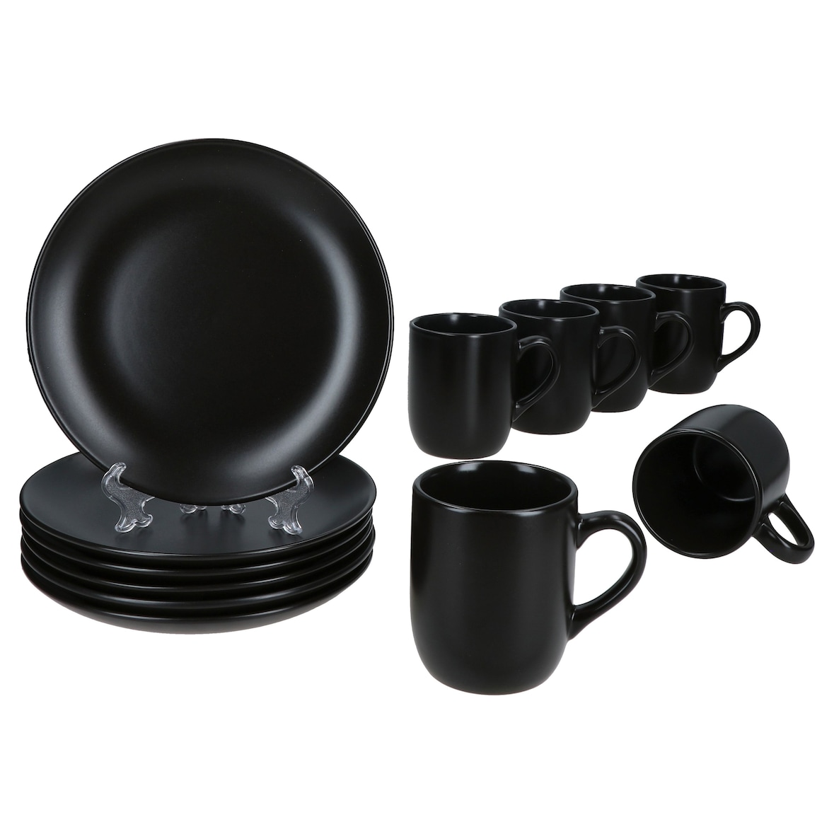 12tlg Frühstücksset Panther matt schwarz für 6 Personen aus Steingut - 161949 + 161950