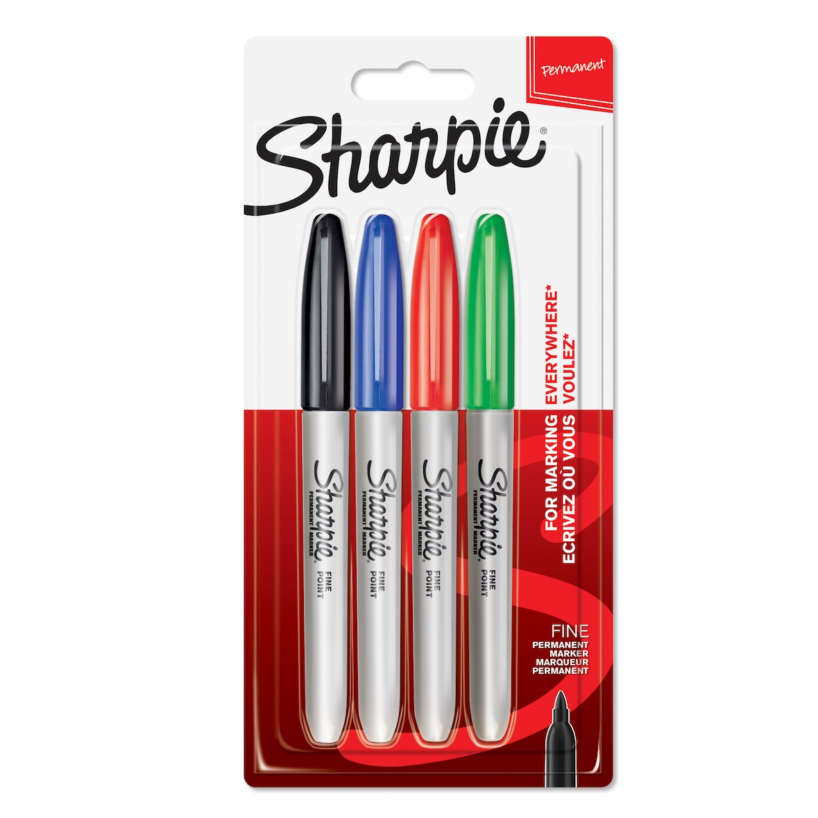 SHARPIE Blister de 4 marqueurs Sharpie Fine assortis standard (Noir, Bleu, Rouge, Vert).Pointe ogive fine