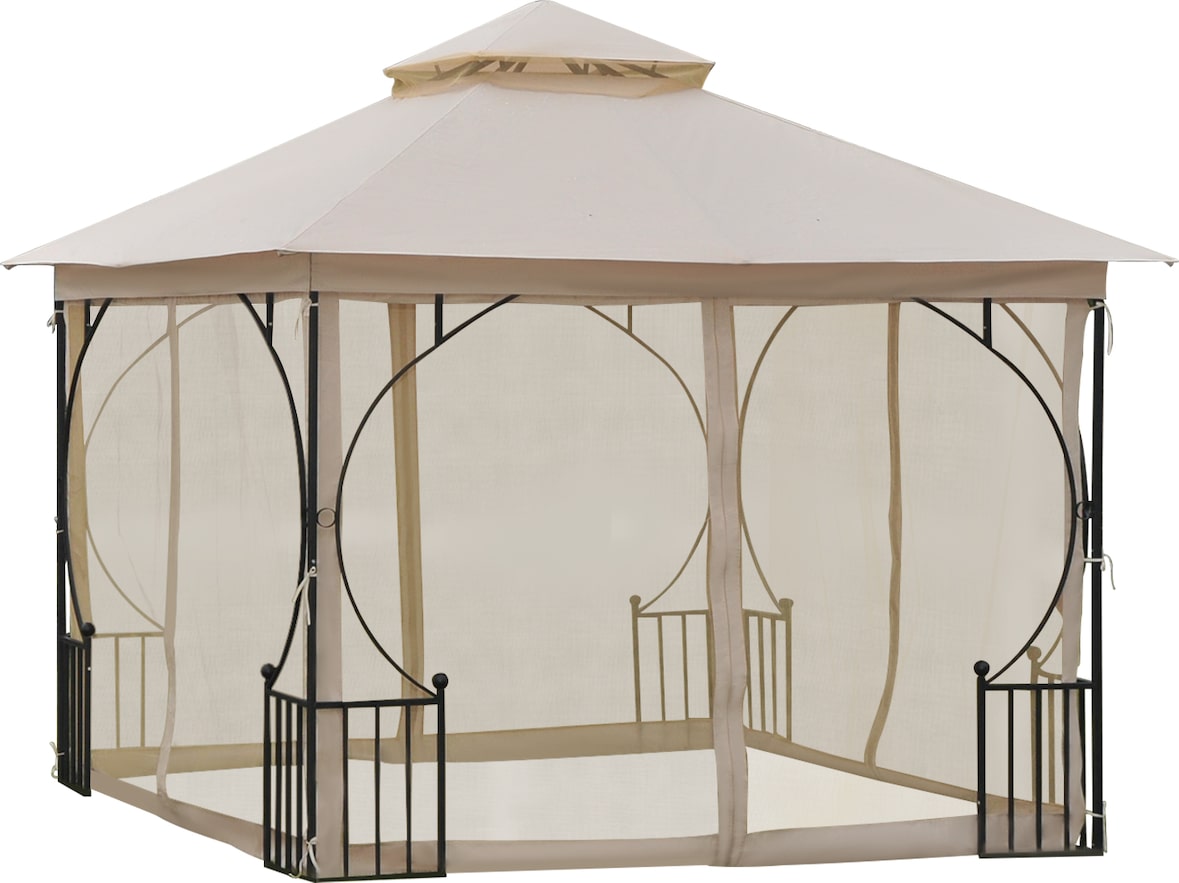 Cenador de Jardín 3x3m con 4 Cortinas Laterales de Cremallera Doble Techo Beige