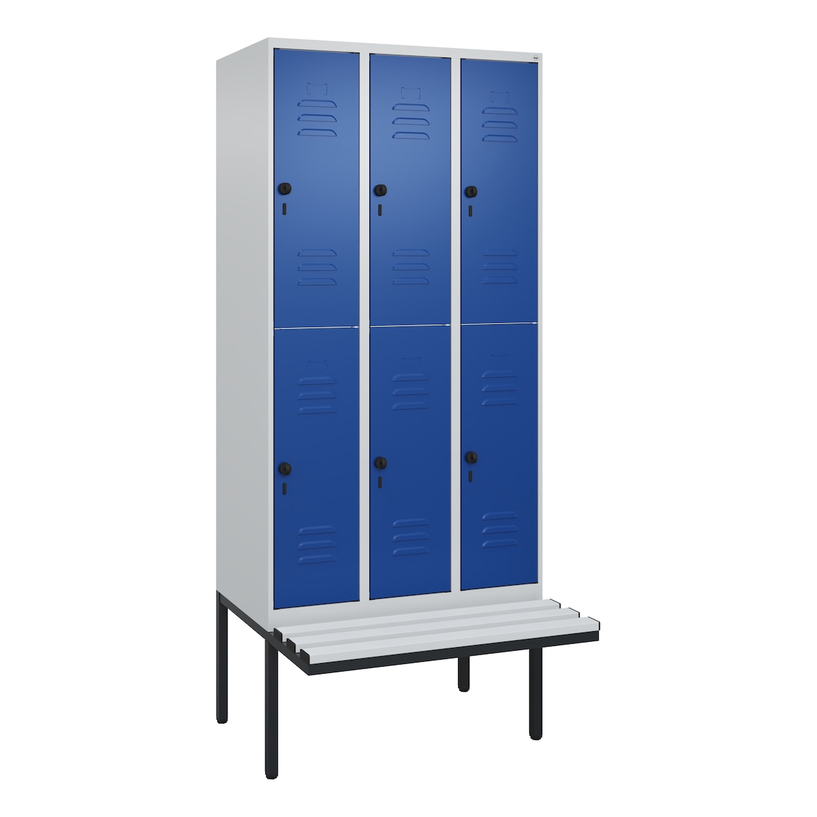 C+P Spind Classic PLUS, Kunststoff schwebende Sitzbank, 6 Abteile, HxBxT 212x90x82cm, Sicherheitsdrehriegel, Hellgrau/Enzianblau von PROREGAL