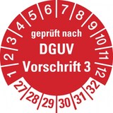 thumbnail of Prüfplakette ab 27, geprüft nach DGUV Vorschrift 3, rot/weiß, Ø 30 mm - Bogen = 10 Plaketten - 30 mm Folie selbstklebend