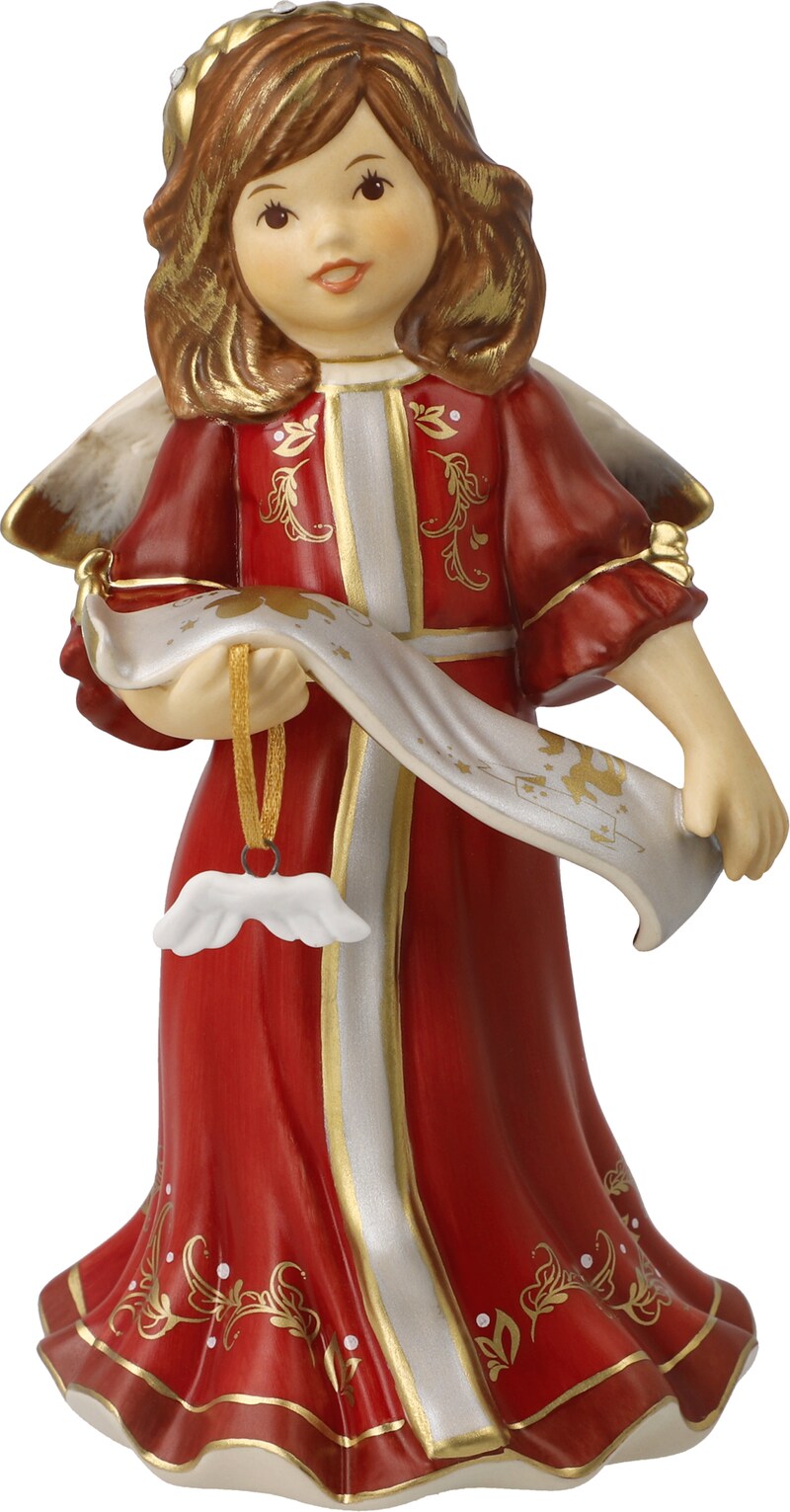 Eine Engelsfigur in einem roten Kleid mit goldenen Verzierungen.