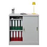 thumbnail of PROREGAL Aktenschrank ELEPHANT mit abschließbaren Schiebetüren | HxBxT 90x90x40cm | 2 Fachböden | Lichtgrau | Metallschrank Ordnerschrank Büroschrank