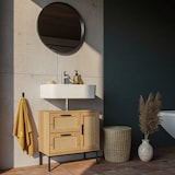 thumbnail of Waschbeckenunterschrank Eiche-Optik 60x60x40 cm mit Tür und Schubladen, Badezimmerschrank mit Rattangeflecht, Unterschrank Stehend, Badschrank