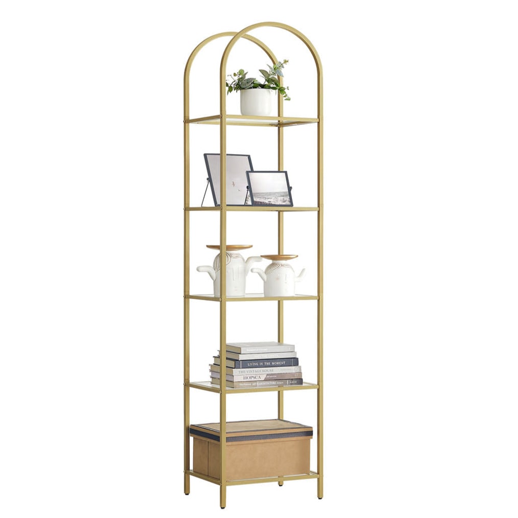 Helloshop26 - Estantería de 5 niveles de vidrio templado 30,2 x 40 x 183,5 cm con forma de arco y estructura metálica para salón 12_0004200