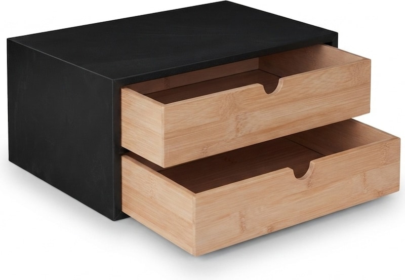 Relaxdays Schubladenbox, Bambus & MDF, Mini Kommode 2 Schubladen, HBT 14x33x21 cm, Schreibtisch Organizer, schwarz/natur