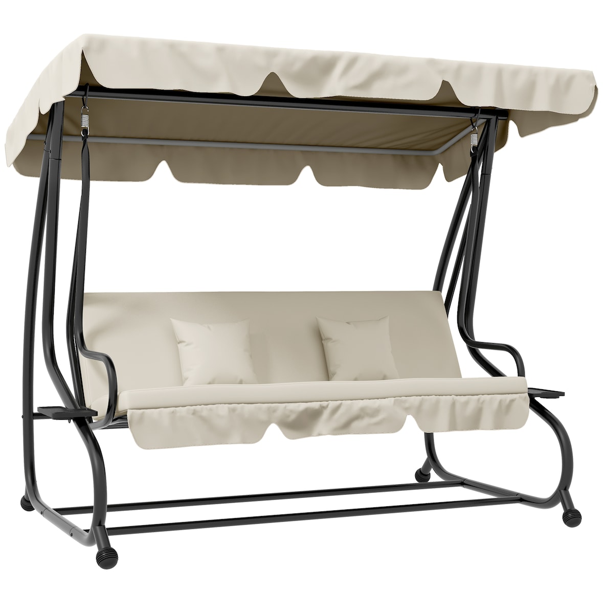 Outsunny balancín de jardín exterior de 3 plazas convertible en cama con toldo ajustable soportes y 2 almohadas carga 340 kg 200x120x164 cm crema