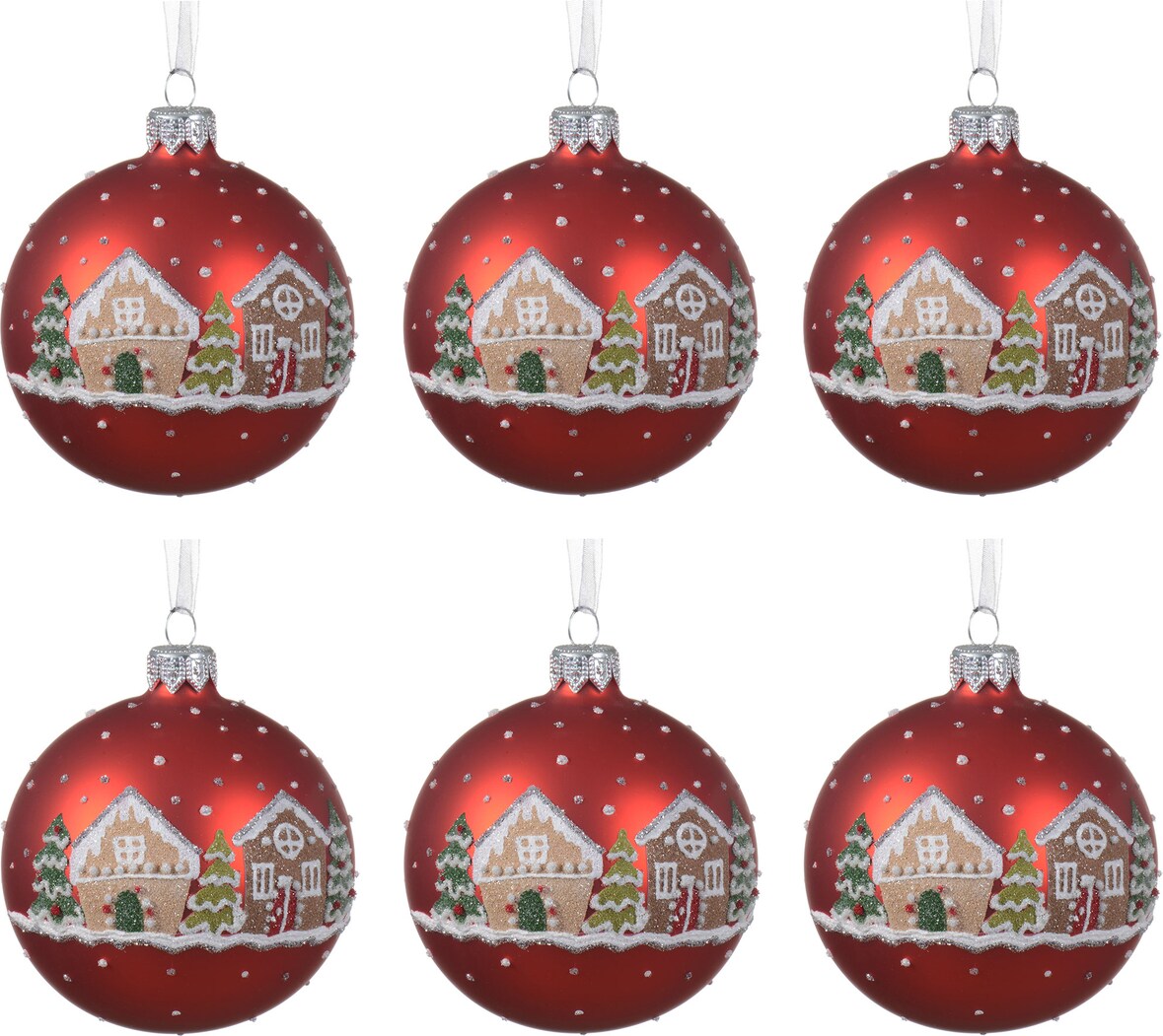6 Glaskugeln Weihnachtsmotive 8cm Handbemalt Weihnachtskugeln Christbaumkugeln Glitzer matt rot