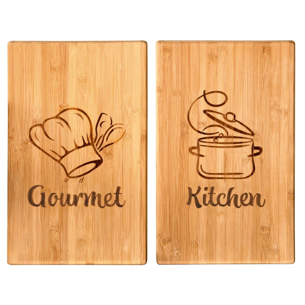 2er Set Bambus Schneide- und Abdeckplatte mit dekorativen Motiven