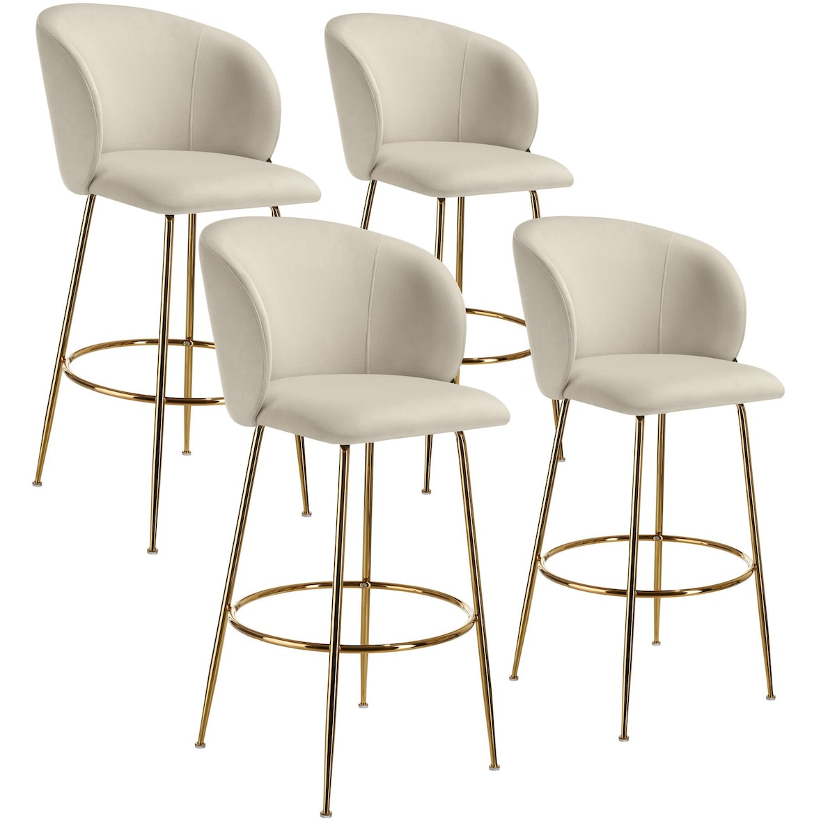 tectake Chaise de bar avec dossier LUANA aspect velours - crème/or, Lot de 4 - 405866