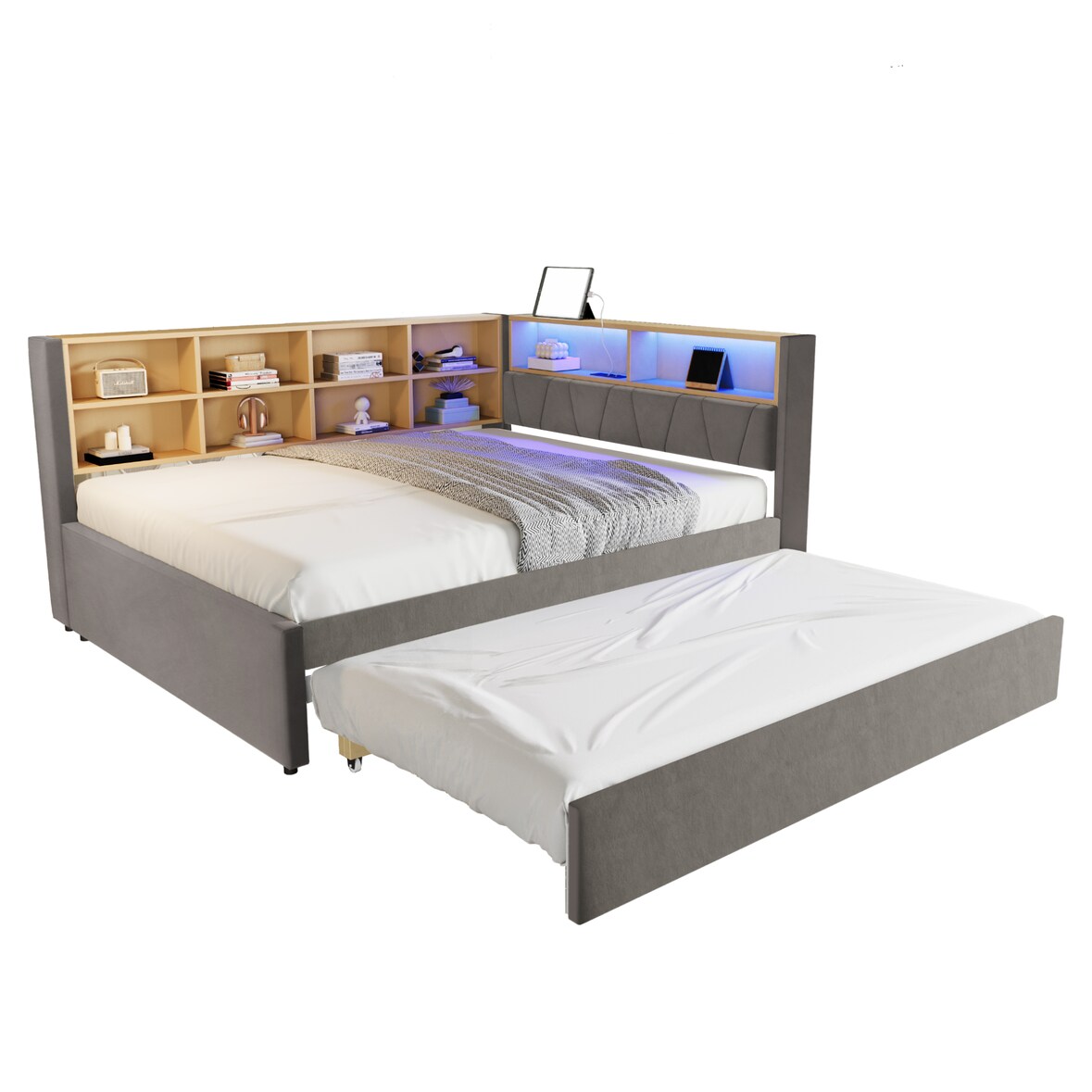 Schlafsofa 140x200 ausziehbar 90x190 mit LED-Beleuchtung, USB/Type-C-Anschlüssen und Stauraum – modernes Flanell Dunkelgrau