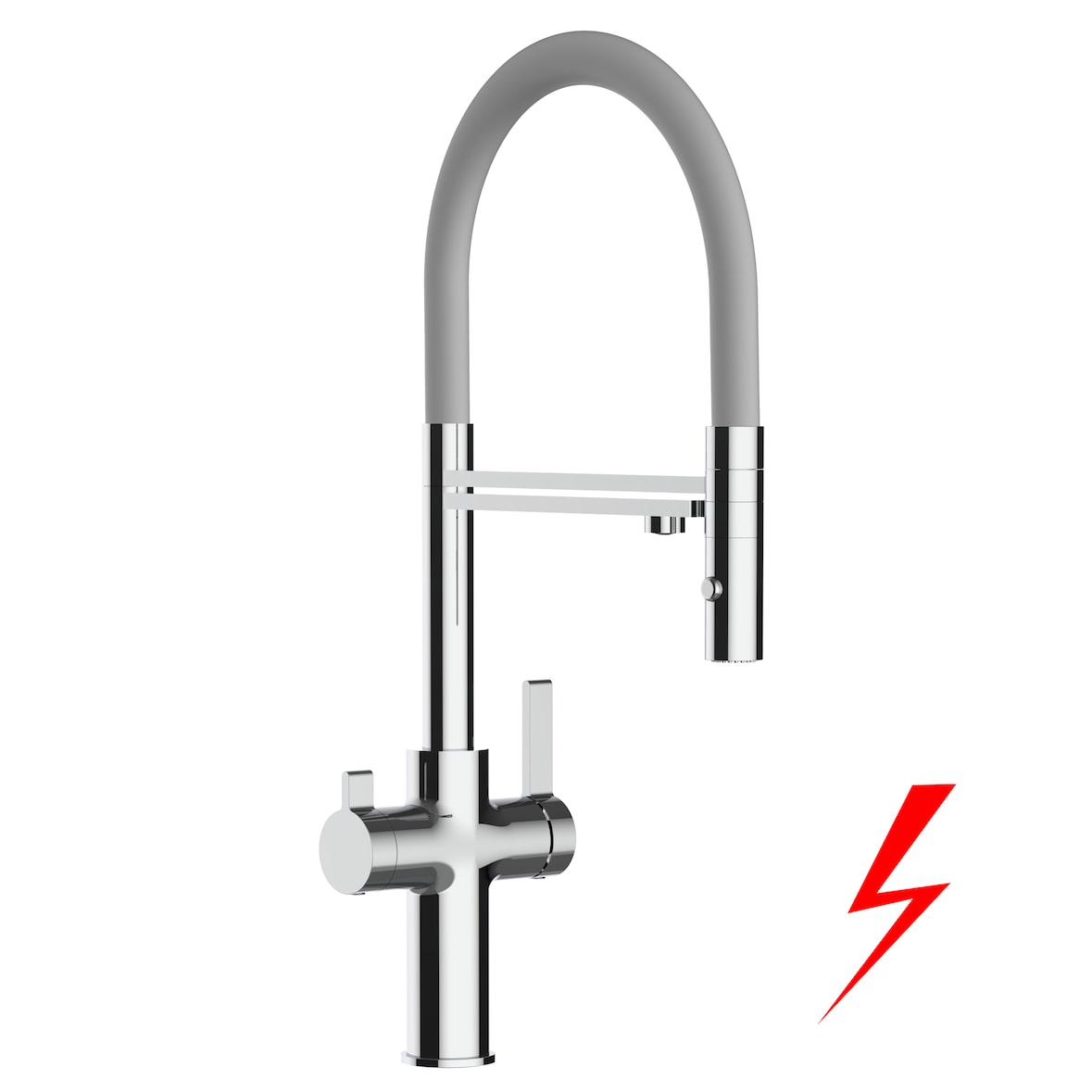 Niederdruck 3 Wege Wasserhahn Küchenarmatur Spültischmischer FC, Verchromt, mit 360° schwenkbarem Grau Auslauf und abnehmbare 2 strahl Handbrause