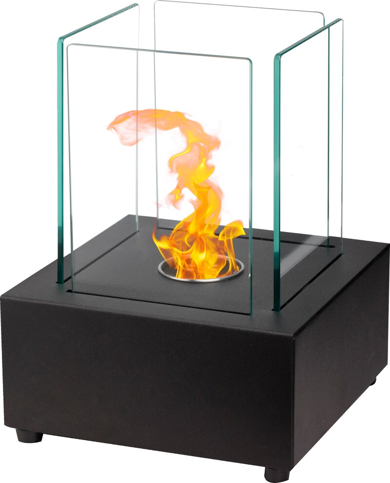 Ein schwarzer Tischkamin mit Glaswänden und Flammen.