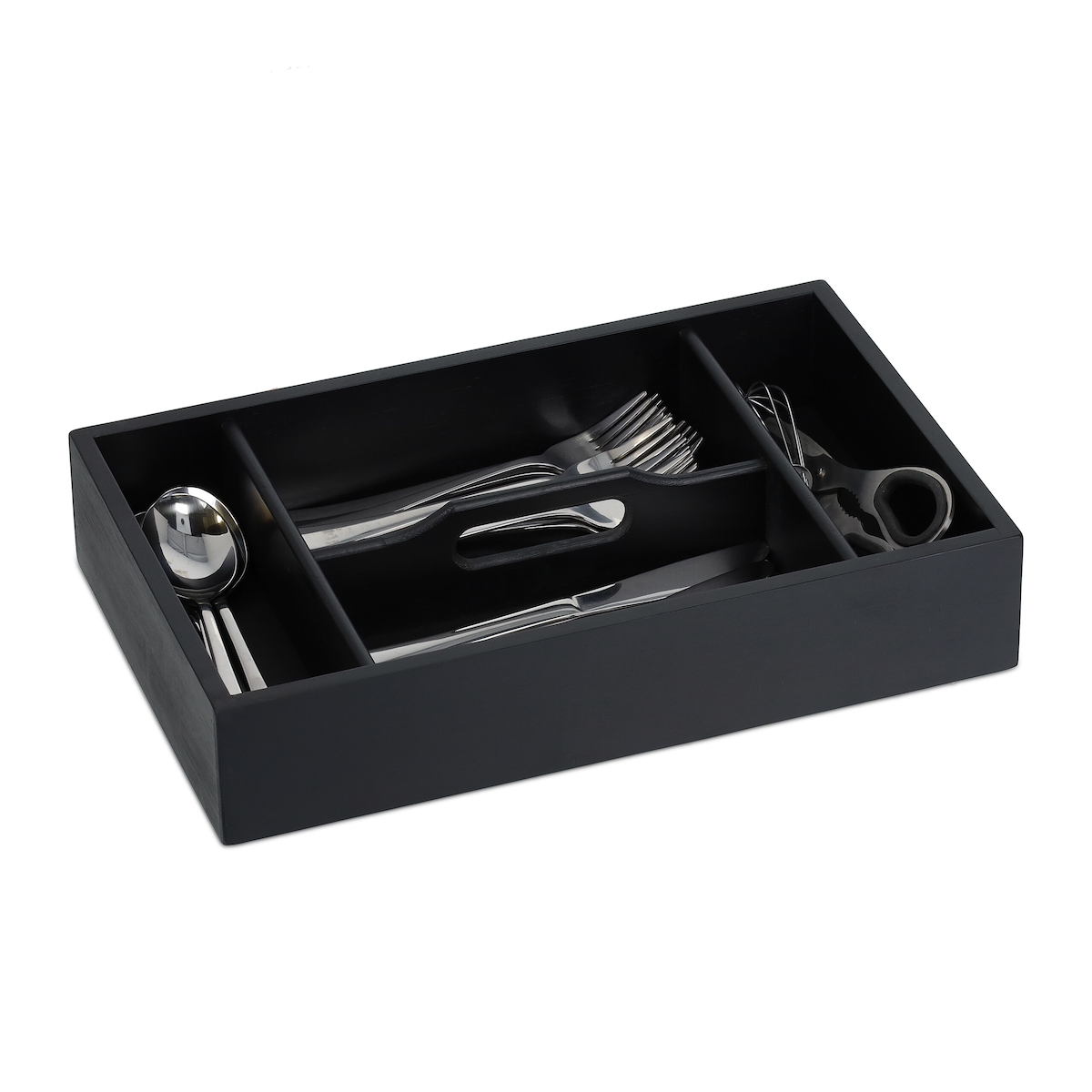Relaxdays Besteckkasten, 4 Fächer mit Griff, Schubladen Ordnungssystem, HBT: 7 x 37 x 23 cm, Besteck Organizer, schwarz