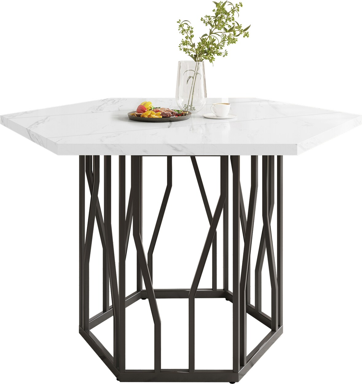 Esstisch sechseckig MDF Marmoroptik Schwarz+Weiß 116x100x75 cm mit schwarzem Stahlgestell, moderne Optik, stabil, pflegeleicht