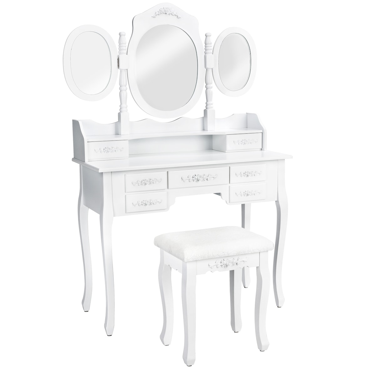 tectake Tocador estilo clásico con 7 cajones, espejo y taburete  Blanco