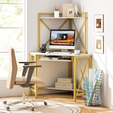 thumbnail of COSTWAY Schreibtisch mit Ladestation, Eck-Computertisch mit Tastaturablage und 2 Regalen, Bürotisch mit Metallgestell, Arbeitstisch