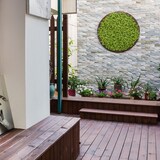 Un colgante de pared verde redondo con plantas.