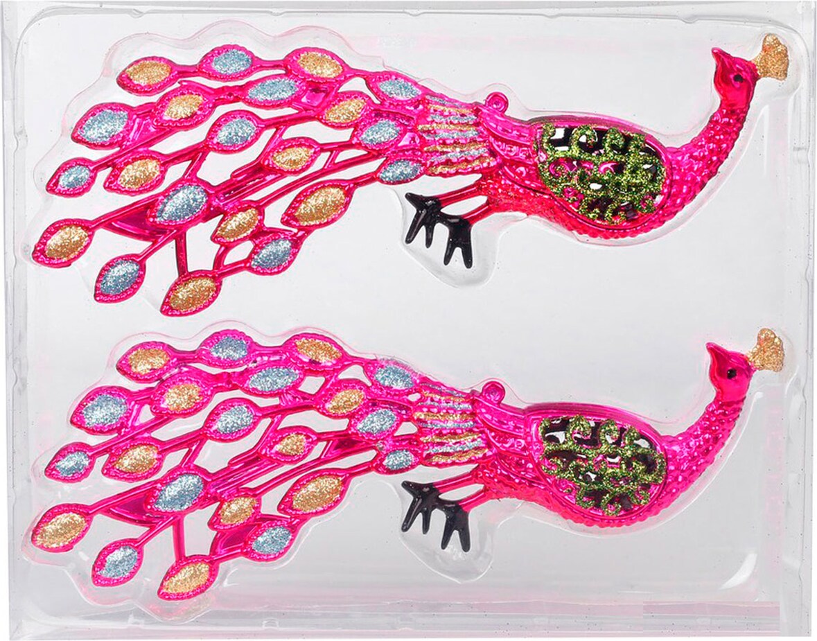 2 Christbaumschmuck Anhänger Pfau 20cm Kunststoff Glitzer Weihnachtsbaumanhänger Weihnachtskugeln Weihnachtsdeko Bruchsicher Pink