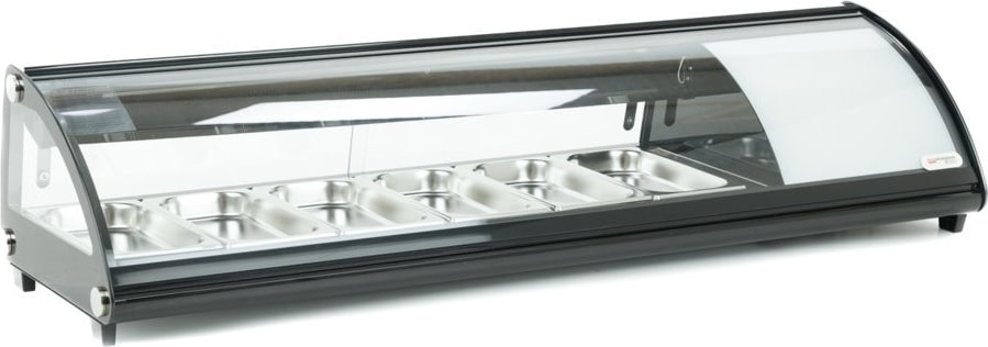 Gekühlte Sushi-Vitrine auf Arbeitsplatte - Aufklappbares gebogenes Frontglas - Eingebauter Motor - Schwarz - 6 gn 1/3 - 148,3 x 45 x 33 h cm