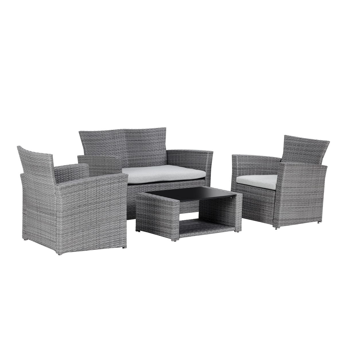 METRO PROFESSIONAL Lounge para exterior Brantford 4 peças, aço/ vime sintético, 2 poltronas, 1 sofá de 2 lugares, 1 mesa de centro, cinzento