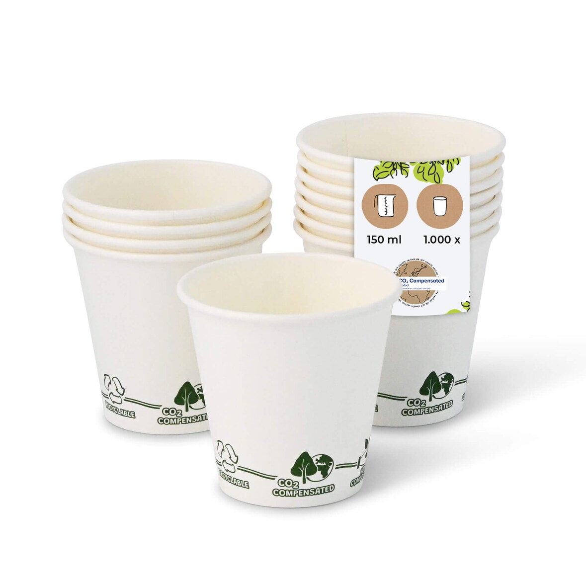 BIOZOYG 1000 Stück Kaffeebecher 150ml / 6oz Einwegbecher Pappbecher weiß mit Bedruckung, kompostierbar nachhaltig Partybecher Trinkbecher Biobecher