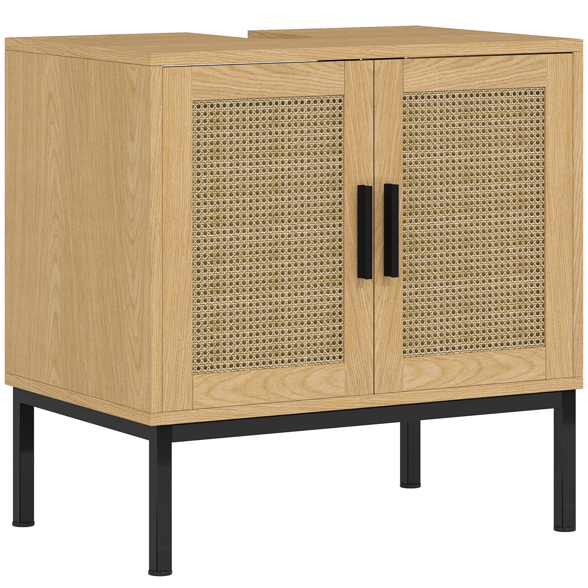 Waschtischunterschrank 60x39x60 Eiche mit Rattanoptik, 2 Regalböden, Kippschutz, melaminbeschichtet, Boho-Stil, Badezimmermöbel