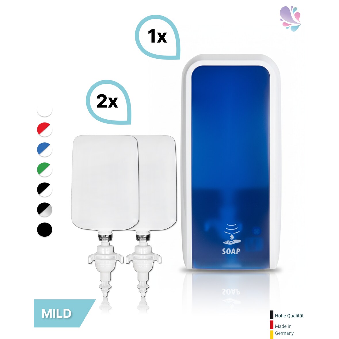 SET: Schaumseifenspender SENSOR, berührungslos Blanc Cosmos versch. Farben+2x 1-Liter Schaumseife mild - PRODUKTSET : Farbe - Blau / Weiß