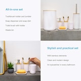 thumbnail of Badezimmer Zubehör Set aus Bambus Kunststoff in Weiß - 6 teiliges Set Zahnputzbecher Seifenschale Seifenspender Toilettenbürste Halterung Mülleimer