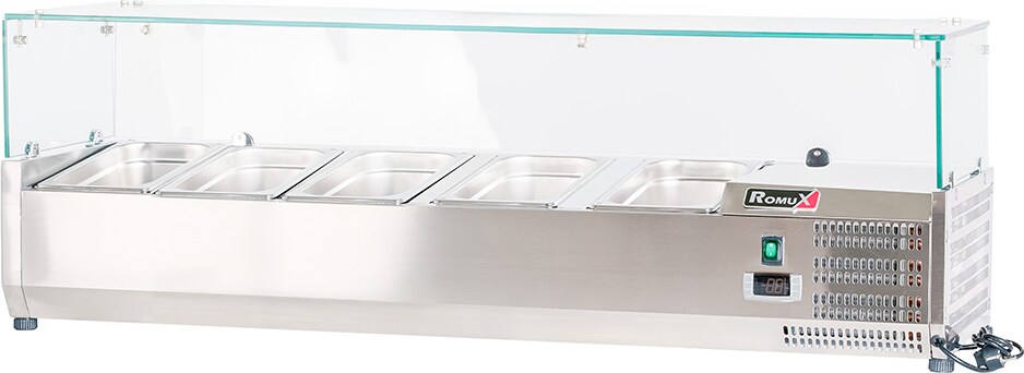 Romux® Kühlvitrinen für Tapas 140x39x44 cm aus Edelstahl und Glashaube mit 5 Becken GN 1/3 | Gekühlte Vitrine mit digitalem Dixell-Thermostat